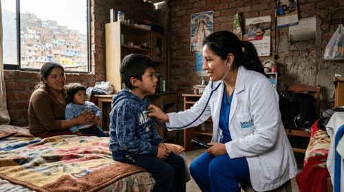 Healthcare worker examining a boy with a stethoscope at home
