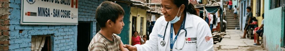 Médico comunitario MINSA atendiendo a un niño en San Cosme